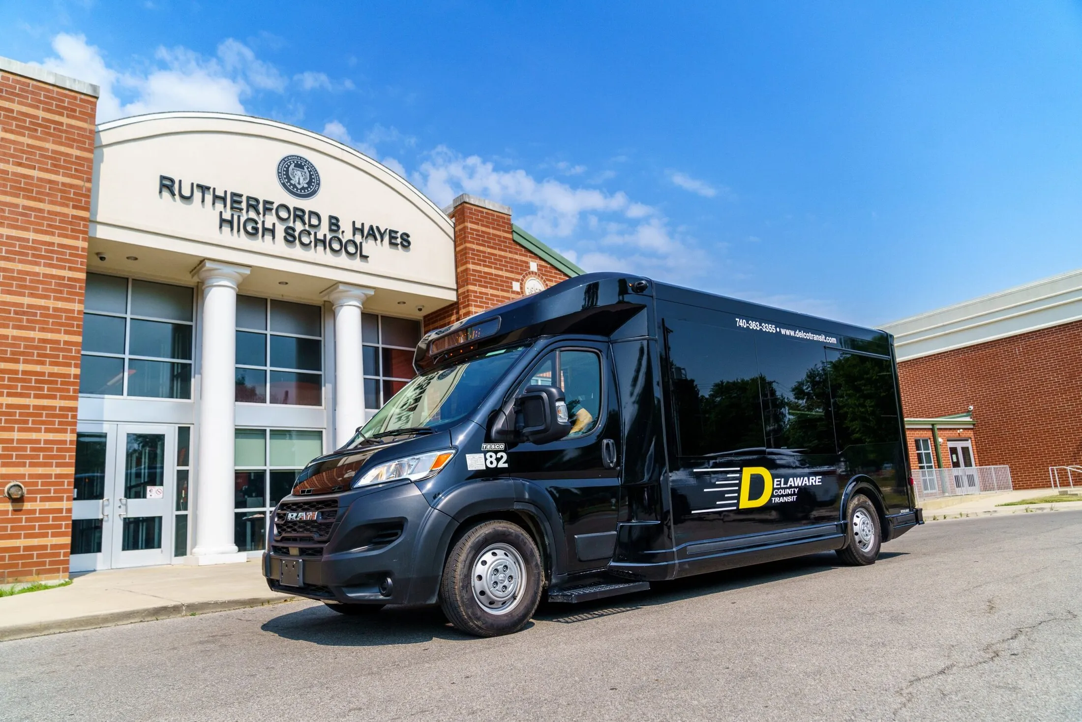 A DCT van parked outside Rutherford B. Hayes High School